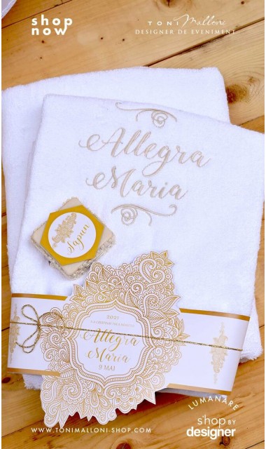 Trusou botez alb cu gold elegant si special cu broderie customizata Boho 2